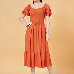 Honey by Pantaloons Square Neck Puff Sleeve Smocked Tiered Fit & Flare Midi Dress-picture-12