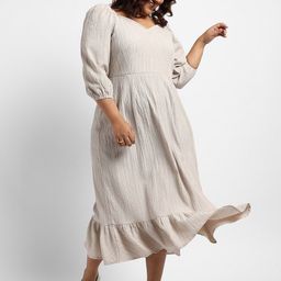 Instafab Plus Self Design Sweetheart Neck Puff Sleeves Ruffled Hem A-Line Midi Dress-picture-13