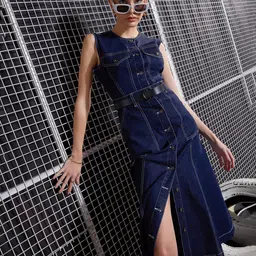 SASSAFRAS Navy Blue Waist Cut-Out Denim A-Line Midi Dress-picture-10