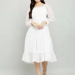 Jitisha Women Self Design Cuffed Sleeve Fit & Flare Midi Dress-picture-41