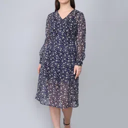 Baawri Floral Printed Puff Sleeve Ruffled Georgette Fit & Flare Midi Dress-image-48