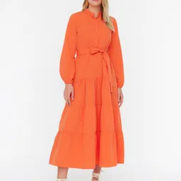 Trendyol Mandarin Collar Cuffed Sleeves Fit & Flare Midi Dress image 1
