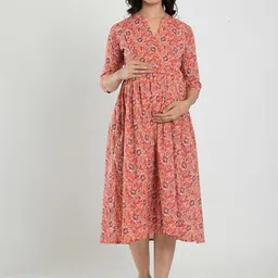 CRAFIQA Ethnic Motifs Printed Pure Cotton Maternity Fit & Flare Midi Ethnic Dress-picture-31