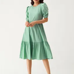 AASK Puff Sleeve Crepe Fit & Flare Midi Dress-picture-23