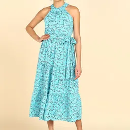 ZNX Clothing Floral Printed Halter Neck A-Line Midi Dress-picture-16