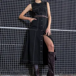 SASSAFRAS Black Cut-Out Denim A-Line Midi Dress-picture-22