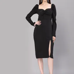 aayu Sweetheart Neck Puff Sleeves Satin Sheath Midi Dress-picture-12