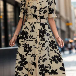 StyleCast Cream & Black Floral Printed Cuffed Sleeves Shirt Midi Dress-image-70