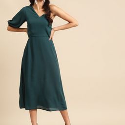 DODO & MOA One Shoulder Puff Sleeves Georgette Midi A-Line Dress-picture-23