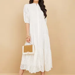 Styli Mandarin Collar Self Design A-Line Midi Dress-picture-37