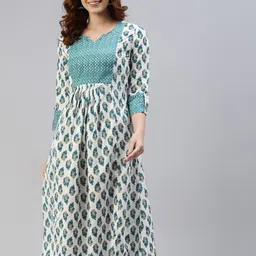 NeshamaKurti Ethnic Motifs Printed Cotton A-Line Midi Ethnic Dress-picture-19