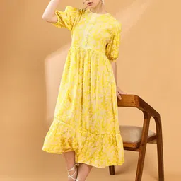 all about you Floral Print Puff Sleeve A-Line Midi Dress-picture-11