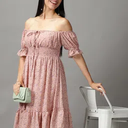 SHOWOFF Women Peach-Coloured & Purple Floral Off-Shoulder Chiffon Dress-image-74