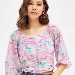 Harpa Abstract Printed Square Neck Smocking Chiffon Fitted Crop Top-picture-25