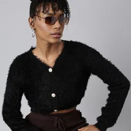 SHOWOFF Long Sleeves V-Neck Regular Ribbed Hemline Crop Cardigan Sweater-picture-17