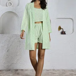 SANSKRUTIHOMES Green Conversational Printed Pure Cotton Top With Shorts & Shrug Night Suit-image-9