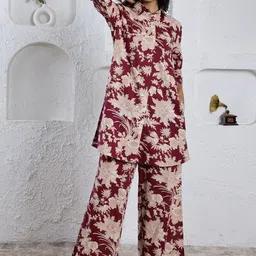 SANSKRUTIHOMES Maroon Floral Printed Pure Cotton Shirt with Lounge Pants-image-85