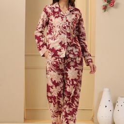 SANSKRUTIHOMES Maroon & Beige Floral Printed Pure Cotton Night Suit-picture-24