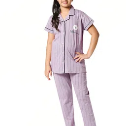 Zeyo Girls Lavender & Black Striped Cotton Night suit-image-40
