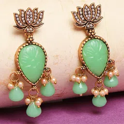 OOMPH Green & Gold-Toned Floral Drop Earrings-picture-24