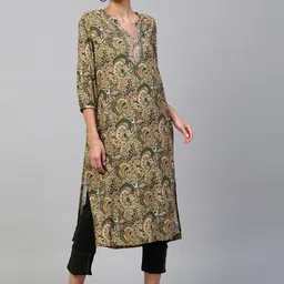 Modern Indian by CHEMISTRY Women Olive Green Paisley Yoke Design Flared Sleeves Anarkali Kurta-picture-14