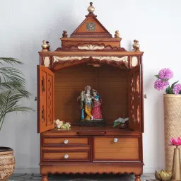 dzyn furnitures Sacred Space Large Floor Rested Pooja Mandir with Door (Teak Gold) image 1