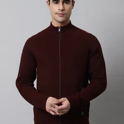 Cantabil Men Rust Ribbed Cardigan with Zip Detail Detail image 1