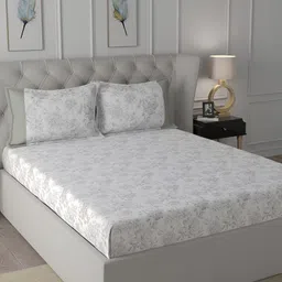 MASPAR Regency White & Grey Floral Printed 144TC Cotton Single Bedsheet & Pillow Cover-picture-34