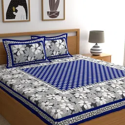 LA VERNE Blue & Grey Floral 104 TC Cotton 1 Queen Bedsheet with 2 Pillow Covers-picture-14