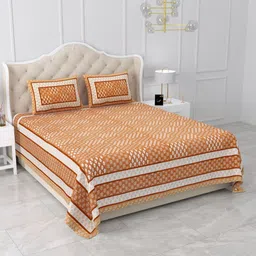 Qfab Orange Geometric Cotton 300 TC King Bedsheet with 2 Pillow Covers-picture-37