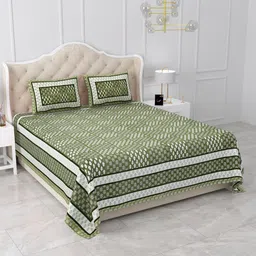 Qfab Green Geometric Cotton 300 TC King Bedsheet with 2 Pillow Covers-picture-35