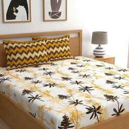 Home Ecstasy Mustard & White Floral Cotton Fitted 140 TC King Bedsheet & 2 Pillow Covers-image-24