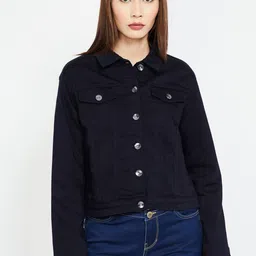 Xpose Women Navy Blue Washed Denim Jacket-image-36