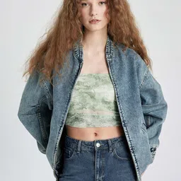 DeFacto Women Washed Checked Longline Denim Jacket-picture-22