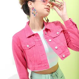 Tokyo Talkies Women Pink Crop Denim Jacket-picture-11