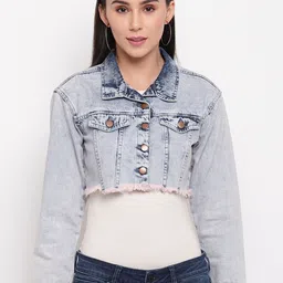 TALES & STORIES Women Blue Washed Lightweight Crop Denim Jacket-picture-22