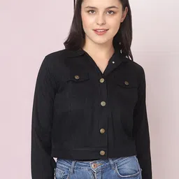 BUY NEW TREND Women Black Washed Checked Lightweight Crop Denim Jacket with Embroidered-image-2