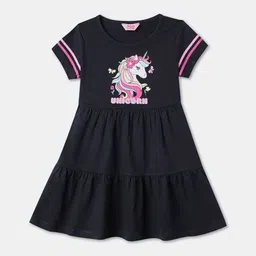 R&B Girls Unicorn Graphic Printed Cotton Tiered Fit & Flare Dress-picture-22