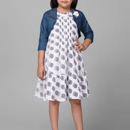 Macwin Girls Geometric Printed A-Line Dress With Denim Jacket-image-34