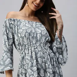 SHOWOFF Grey & White Tropical Off-Shoulder Crepe A-Line Dress-picture-4