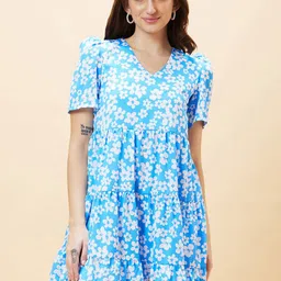 Globus Blue Floral Printed V-Neck Puff Sleeve Gathered Tiered A-Line Dress-image-95