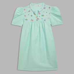 ELLE Girls Sea Green Embroidered Detail Puff Sleeves A-Line Dress-picture-12