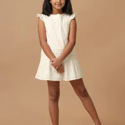 UNDER FOURTEEN ONLY Girls Self Design Flutter Sleeves Schiffli Cotton A-Line Dress-image-18