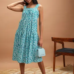 Vishudh Blue Floral Printed Smocked Tiered A-Line Midi Dress-image-28