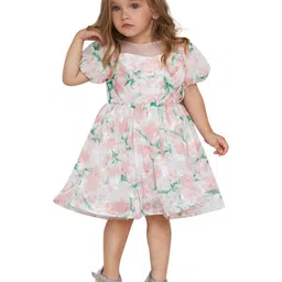 StyleCast Girls Pink & Green Floral Print Puff Sleeves A-Line Dress-picture-29