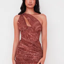 StyleCast Brown Abstract Printed One Shoulder Bodycon Dress image 1