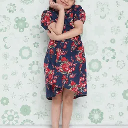 Indo Era Girls Navy Blue Floral Printed Cotton A-Line Dress-picture-15