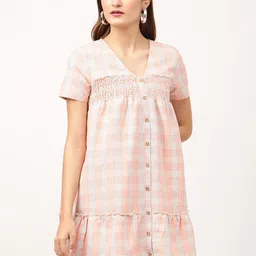 ELLE Peach-Coloured & White Checked V Neck A-Line Dress-picture-32