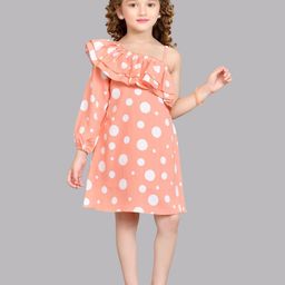 Pink Chick Girls Polka Dot Printed One Shoulder Ruffled Cotton A-Line Dress-picture-2
