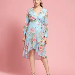 OCTICS Floral Printed Cuffed Sleeves Georgette Hutch Geo Wrap Midi Dress image 1